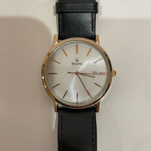 Bulova Gold-Tone Case with Black Leather Strap Watch